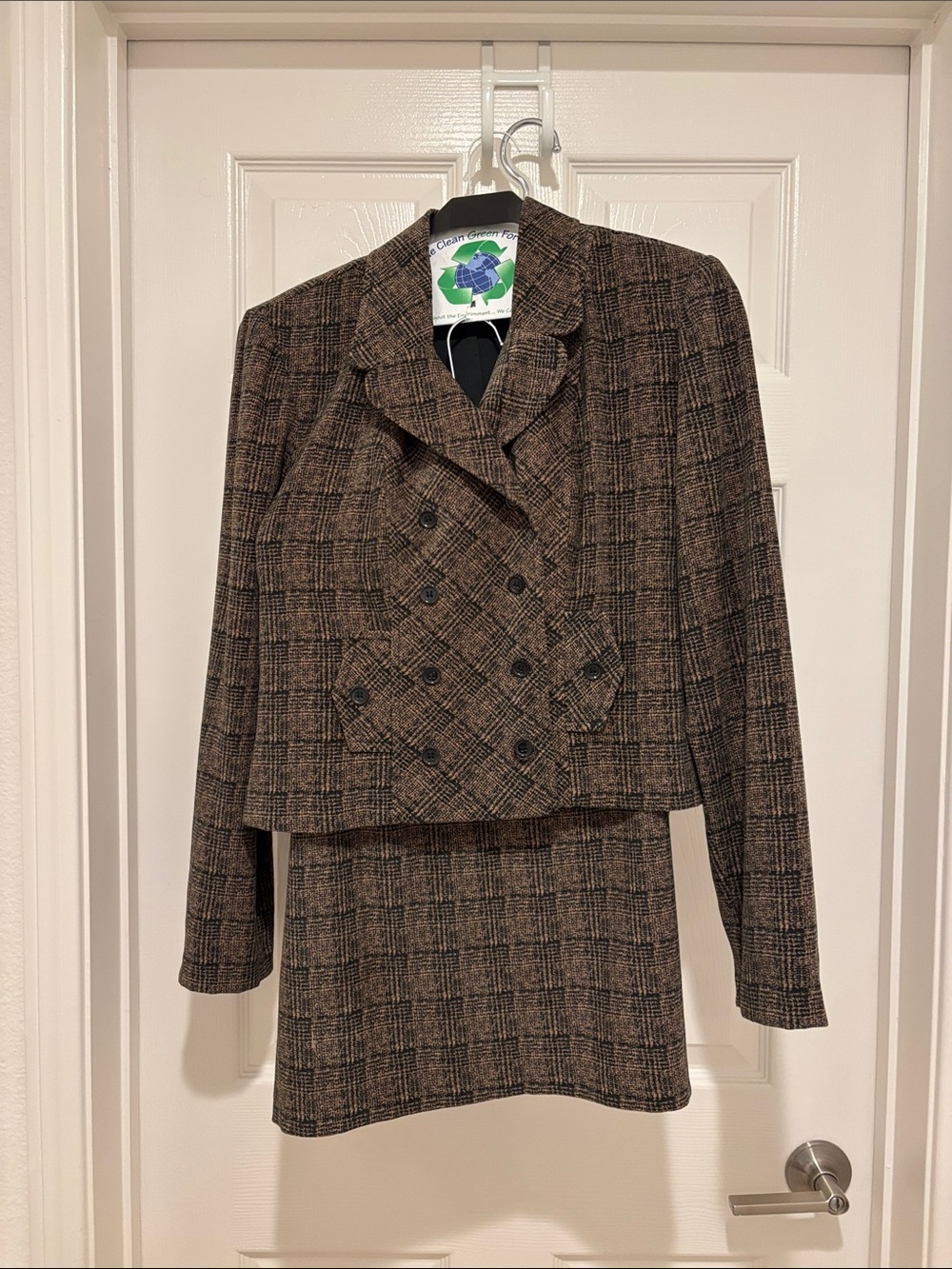 Plaid Double-Breasted Skirt Suit - Brown Plaid